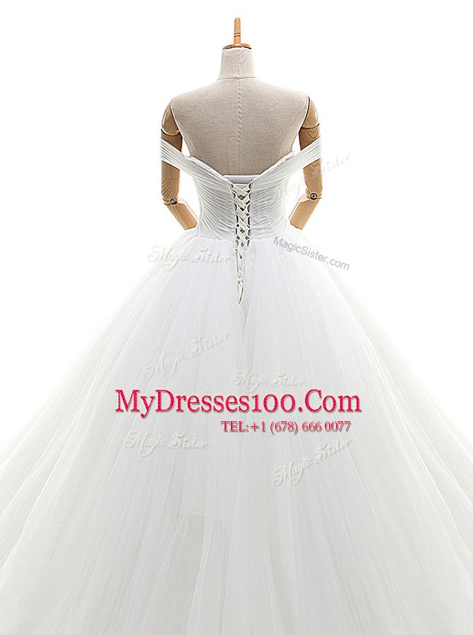 Extravagant Off the Shoulder Sleeveless Tulle With Train Chapel Train Lace Up Wedding Dress in White with Ruching