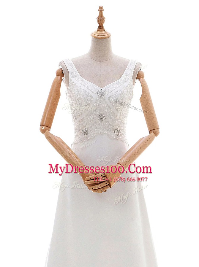 Modest Chiffon V-neck Sleeveless Brush Train Backless Beading Bridal Gown in White