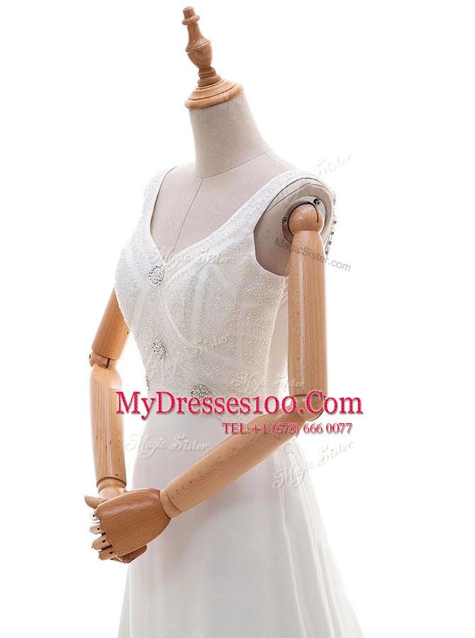 Modest Chiffon V-neck Sleeveless Brush Train Backless Beading Bridal Gown in White