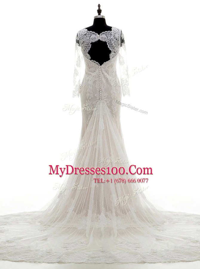 White Clasp Handle Bridal Gown Lace and Appliques 3 4 Length Sleeve With Train Court Train