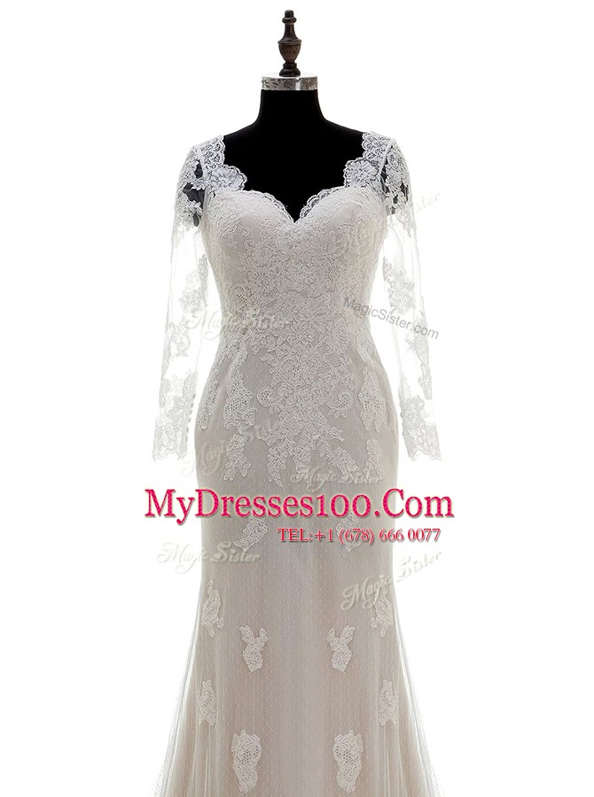 White Clasp Handle Bridal Gown Lace and Appliques 3 4 Length Sleeve With Train Court Train