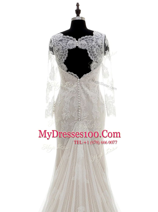 White Clasp Handle Bridal Gown Lace and Appliques 3 4 Length Sleeve With Train Court Train