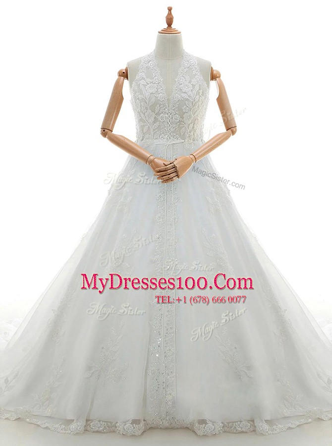 White Lace Zipper Halter Top Sleeveless With Train Bridal Gown Brush Train Appliques