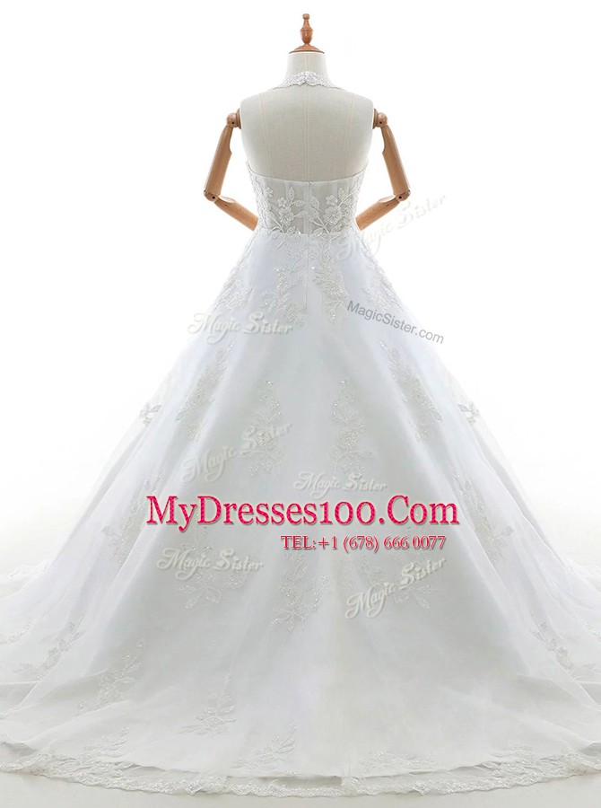 White Lace Zipper Halter Top Sleeveless With Train Bridal Gown Brush Train Appliques