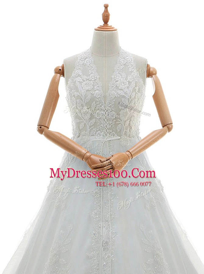White Lace Zipper Halter Top Sleeveless With Train Bridal Gown Brush Train Appliques