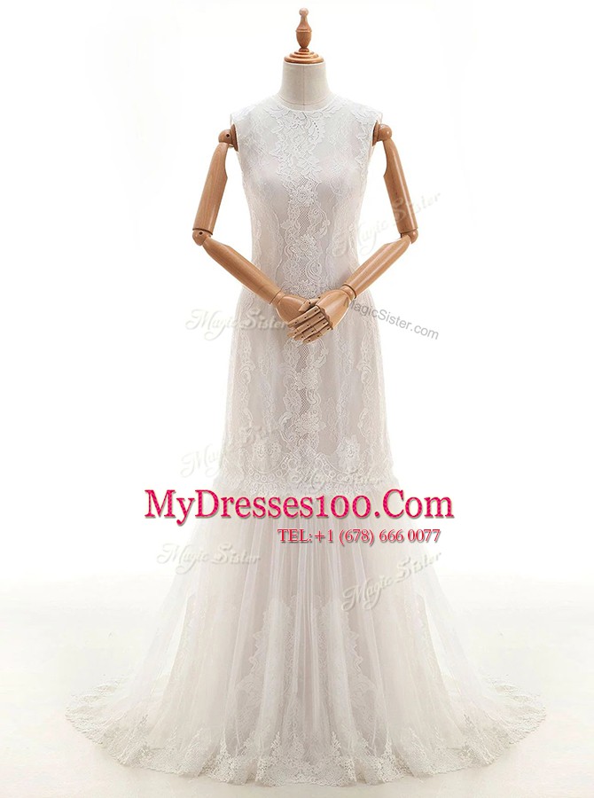 Sleeveless With Train Lace Clasp Handle Wedding Dress with White Brush Train