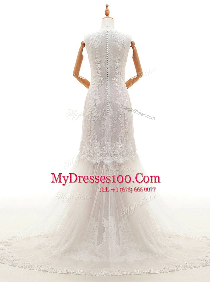 Sleeveless With Train Lace Clasp Handle Wedding Dress with White Brush Train