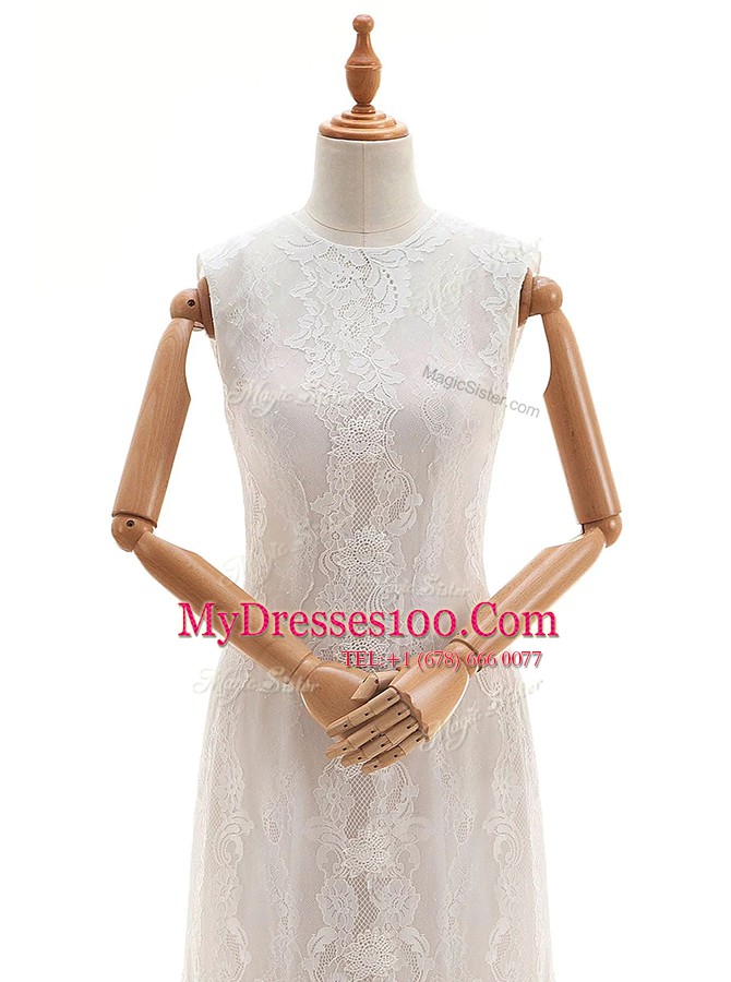 Sleeveless With Train Lace Clasp Handle Wedding Dress with White Brush Train