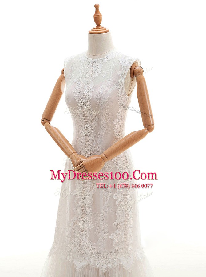 Sleeveless With Train Lace Clasp Handle Wedding Dress with White Brush Train