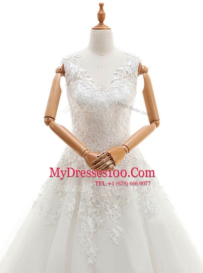 Sophisticated White V-neck Zipper Appliques Wedding Gown Brush Train Sleeveless