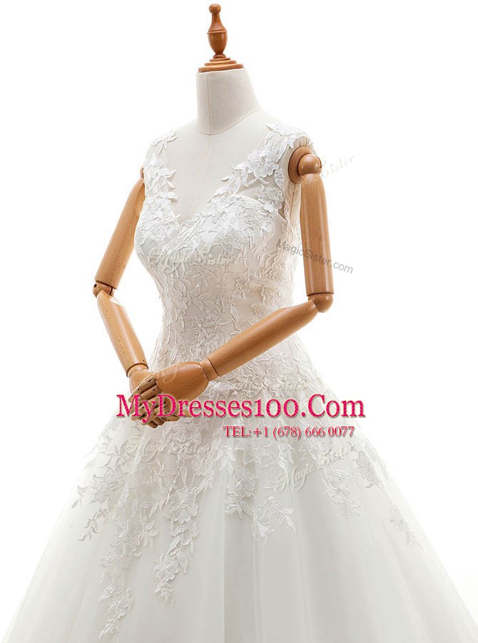 Sophisticated White V-neck Zipper Appliques Wedding Gown Brush Train Sleeveless