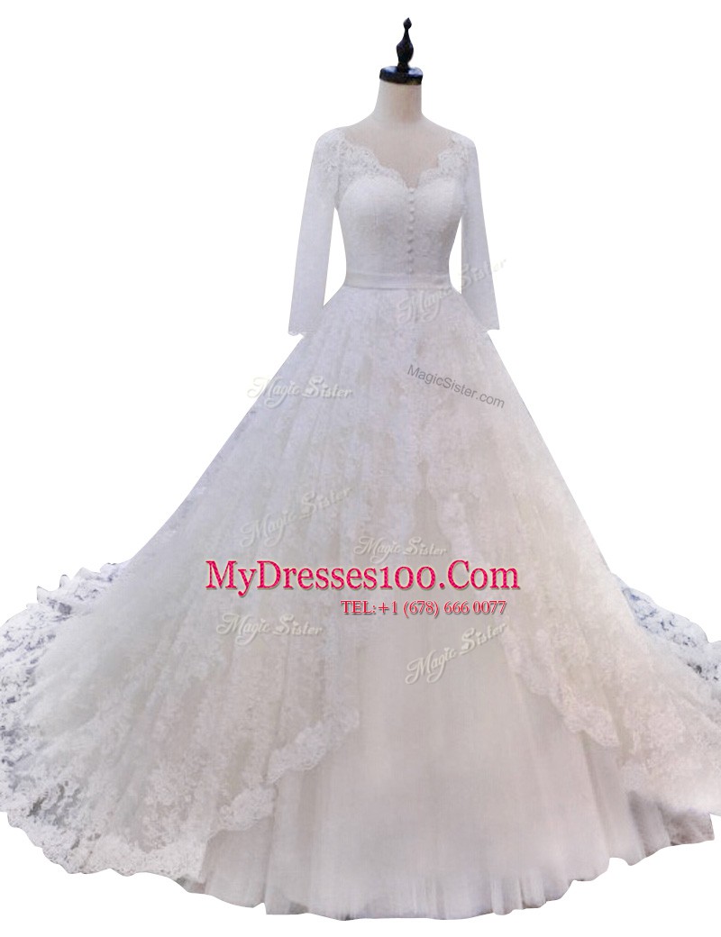High Class With Train White Wedding Dresses Lace Chapel Train Long Sleeves Lace