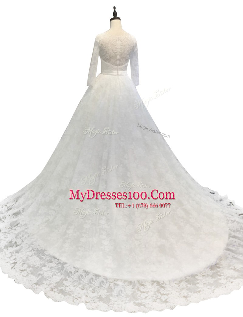 High Class With Train White Wedding Dresses Lace Chapel Train Long Sleeves Lace