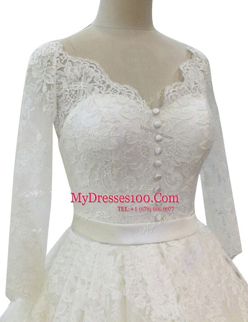 High Class With Train White Wedding Dresses Lace Chapel Train Long Sleeves Lace