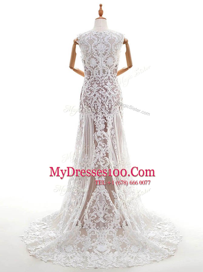Scalloped Sleeveless Lace With Brush Train Zipper Wedding Gown in White with Appliques