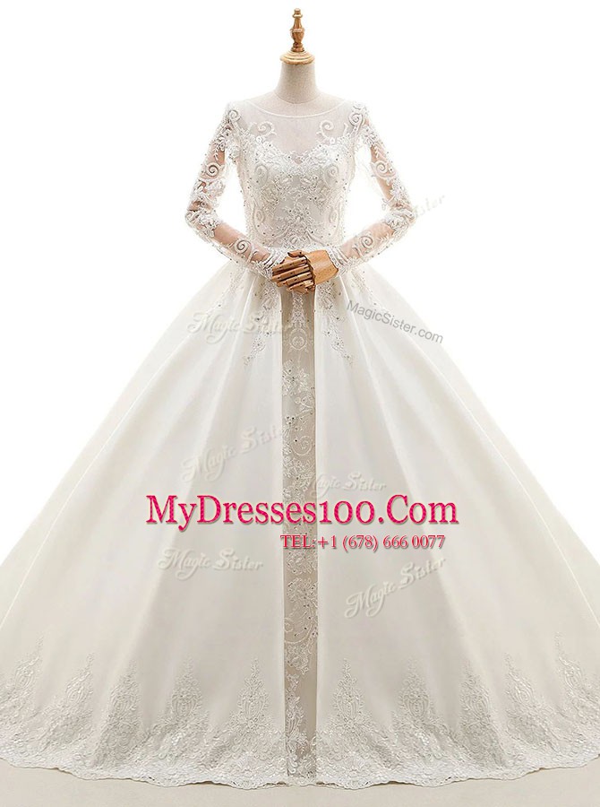 Luxury White Wedding Gowns Wedding Party and For with Appliques Scoop Long Sleeves Cathedral Train Zipper