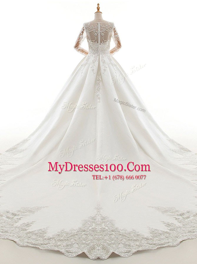 Luxury White Wedding Gowns Wedding Party and For with Appliques Scoop Long Sleeves Cathedral Train Zipper