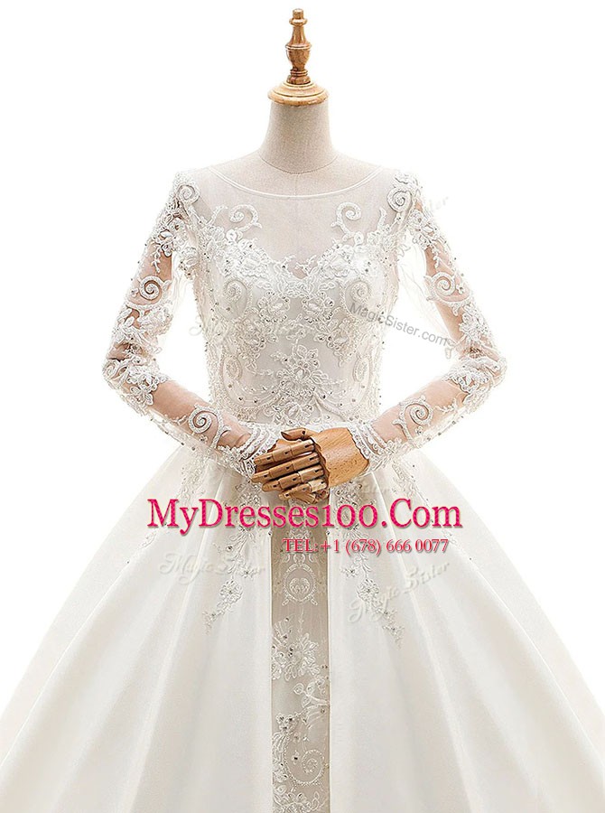 Luxury White Wedding Gowns Wedding Party and For with Appliques Scoop Long Sleeves Cathedral Train Zipper