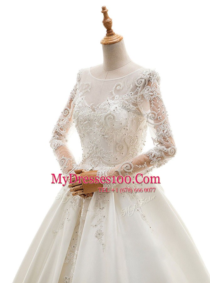Luxury White Wedding Gowns Wedding Party and For with Appliques Scoop Long Sleeves Cathedral Train Zipper