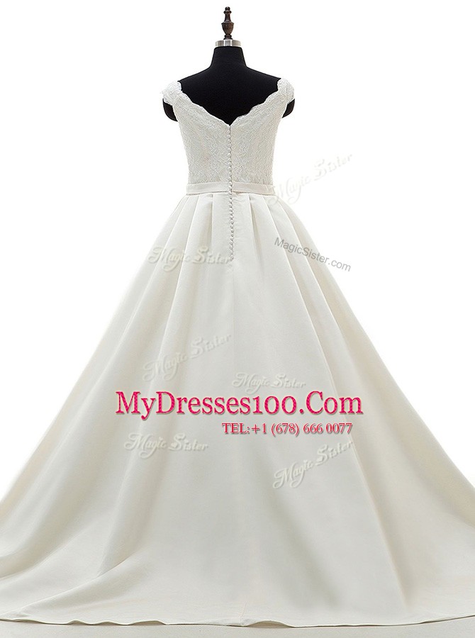 Classical White Wedding Dress Satin Brush Train Sleeveless Lace and Belt
