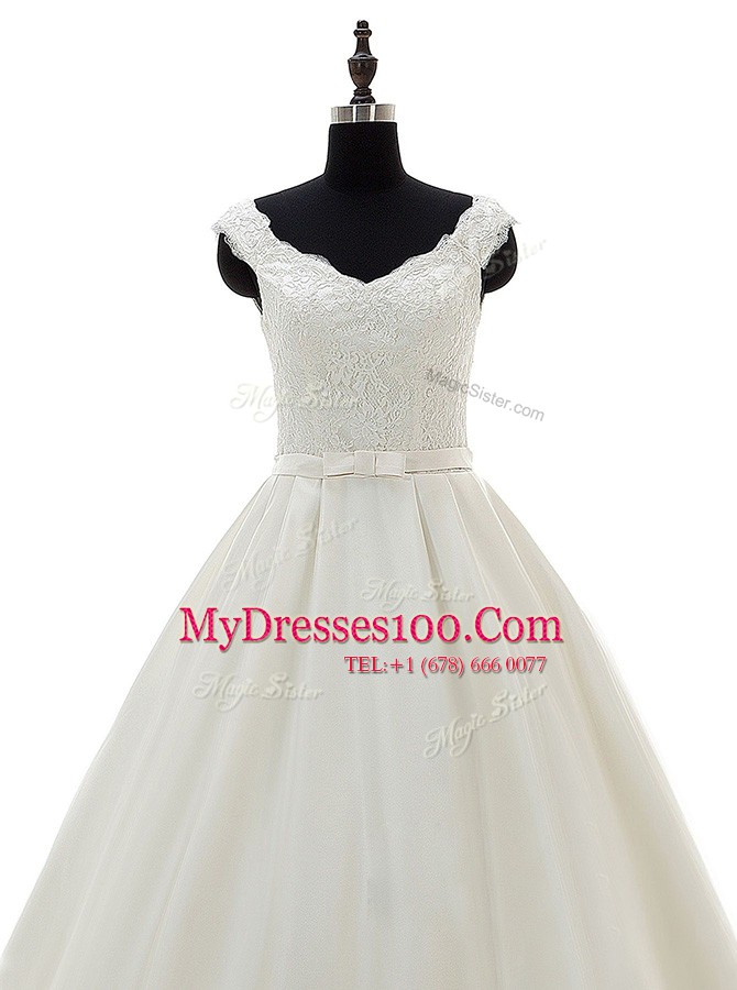 Classical White Wedding Dress Satin Brush Train Sleeveless Lace and Belt