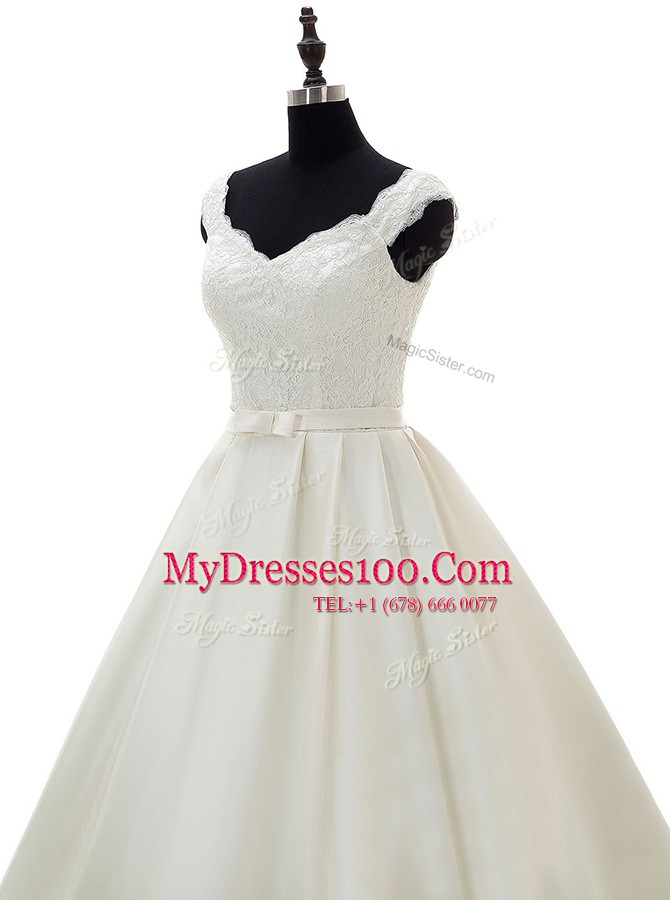 Classical White Wedding Dress Satin Brush Train Sleeveless Lace and Belt