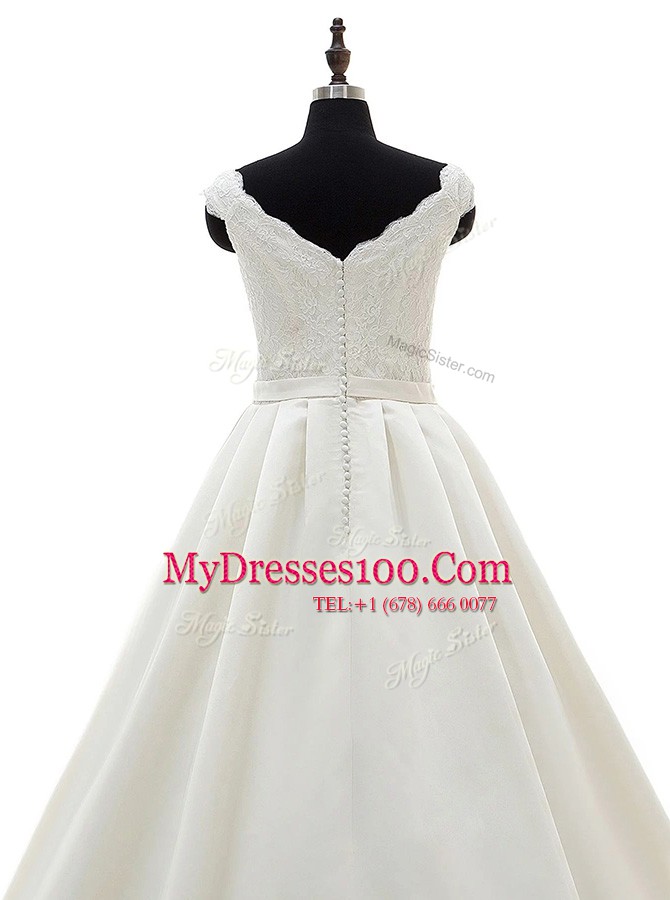 Classical White Wedding Dress Satin Brush Train Sleeveless Lace and Belt