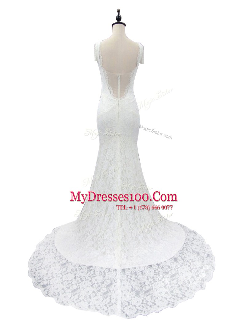 Low Price Mermaid With Train White Wedding Dresses Lace Brush Train Cap Sleeves Lace