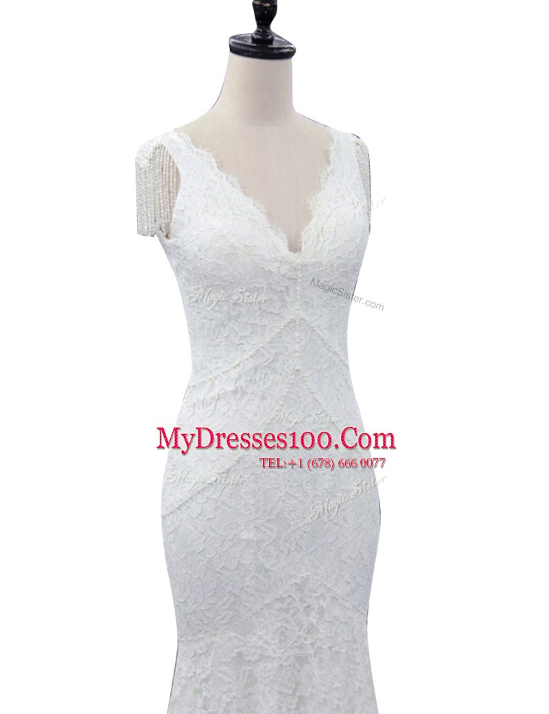 Low Price Mermaid With Train White Wedding Dresses Lace Brush Train Cap Sleeves Lace