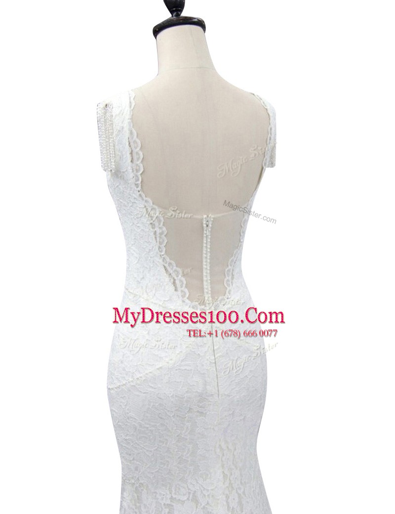Low Price Mermaid With Train White Wedding Dresses Lace Brush Train Cap Sleeves Lace
