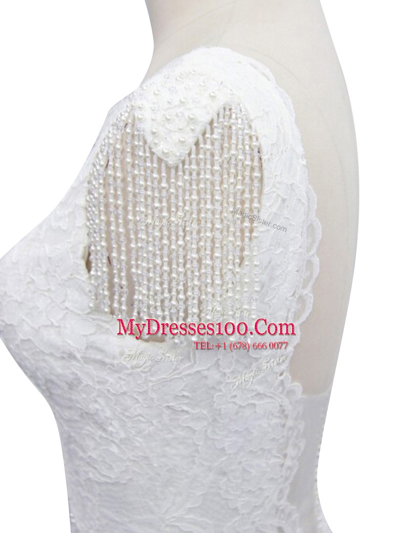 Low Price Mermaid With Train White Wedding Dresses Lace Brush Train Cap Sleeves Lace