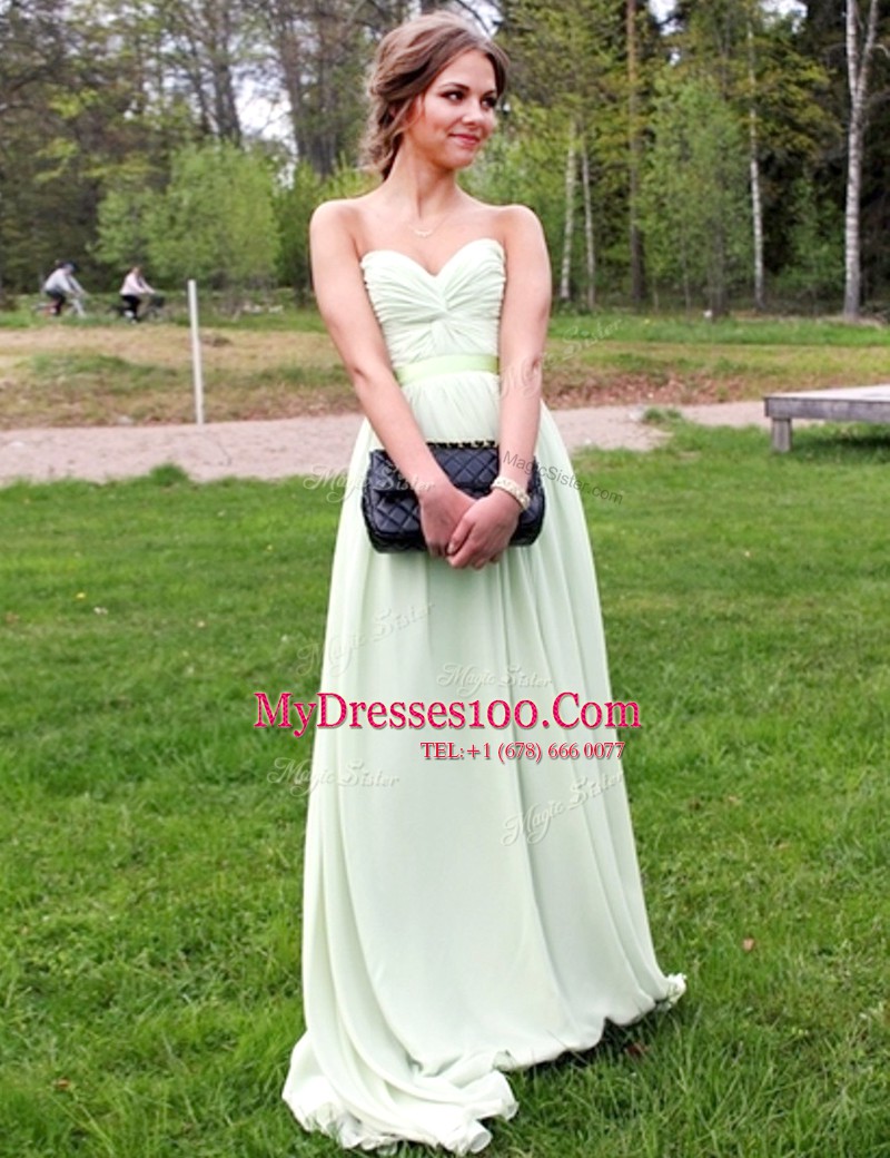 Green A-line Sweetheart Sleeveless Chiffon Floor Length Backless Ruching Prom Evening Gown