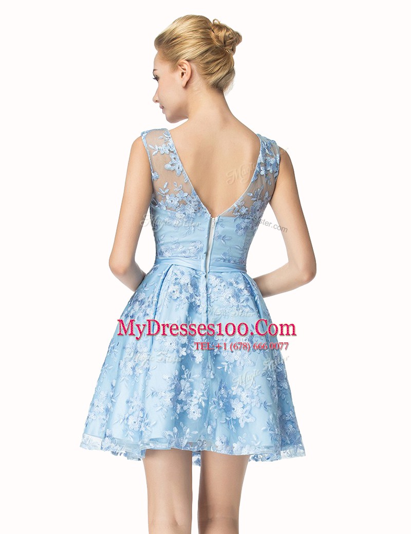 Lace Blue Scoop Neckline Bowknot Prom Evening Gown Sleeveless Zipper