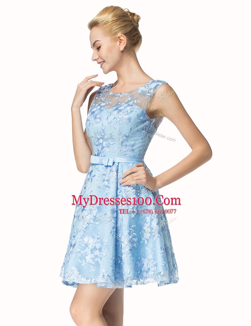 Lace Blue Scoop Neckline Bowknot Prom Evening Gown Sleeveless Zipper