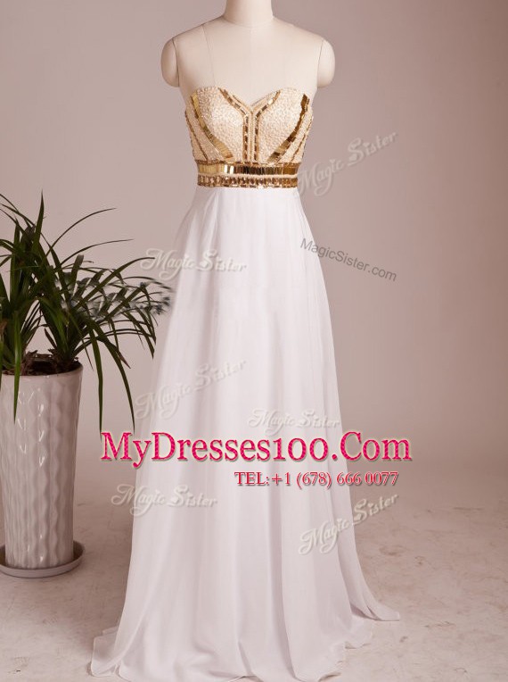 Comfortable White Chiffon Zipper Sweetheart Sleeveless Floor Length Prom Dress Beading