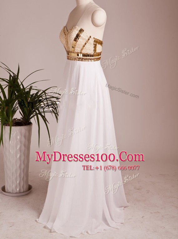 Comfortable White Chiffon Zipper Sweetheart Sleeveless Floor Length Prom Dress Beading
