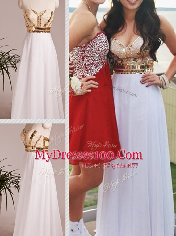 Comfortable White Chiffon Zipper Sweetheart Sleeveless Floor Length Prom Dress Beading