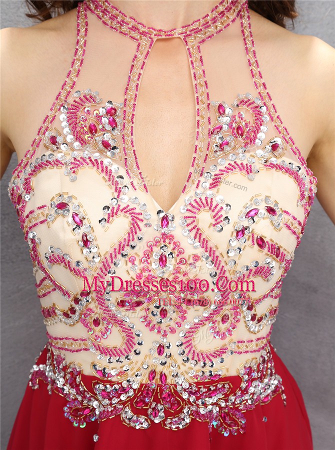 Scoop Red Sleeveless Mini Length Beading Zipper Evening Dress