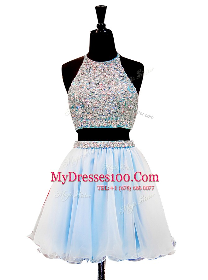 Light Blue Zipper Halter Top Beading Teens Party Dress Tulle Sleeveless