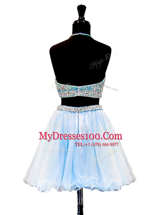 Light Blue Zipper Halter Top Beading Teens Party Dress Tulle Sleeveless