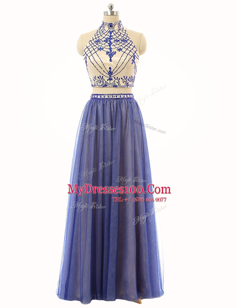 Clearance Blue Tulle Zipper Evening Dress Sleeveless Floor Length Beading