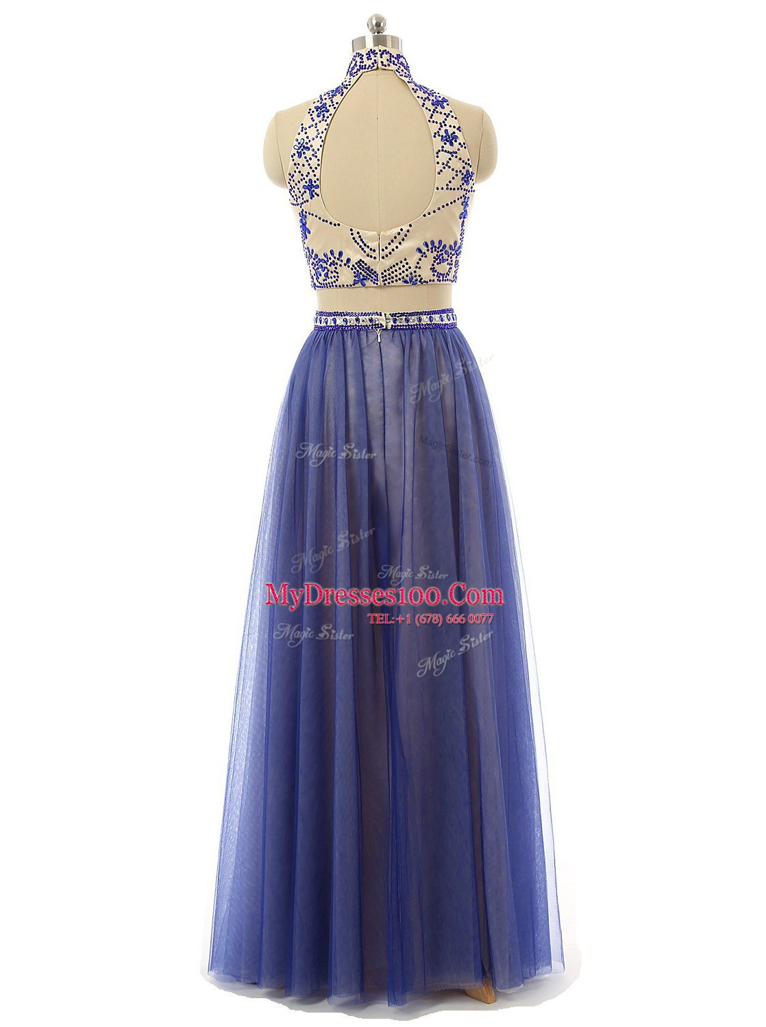 Clearance Blue Tulle Zipper Evening Dress Sleeveless Floor Length Beading