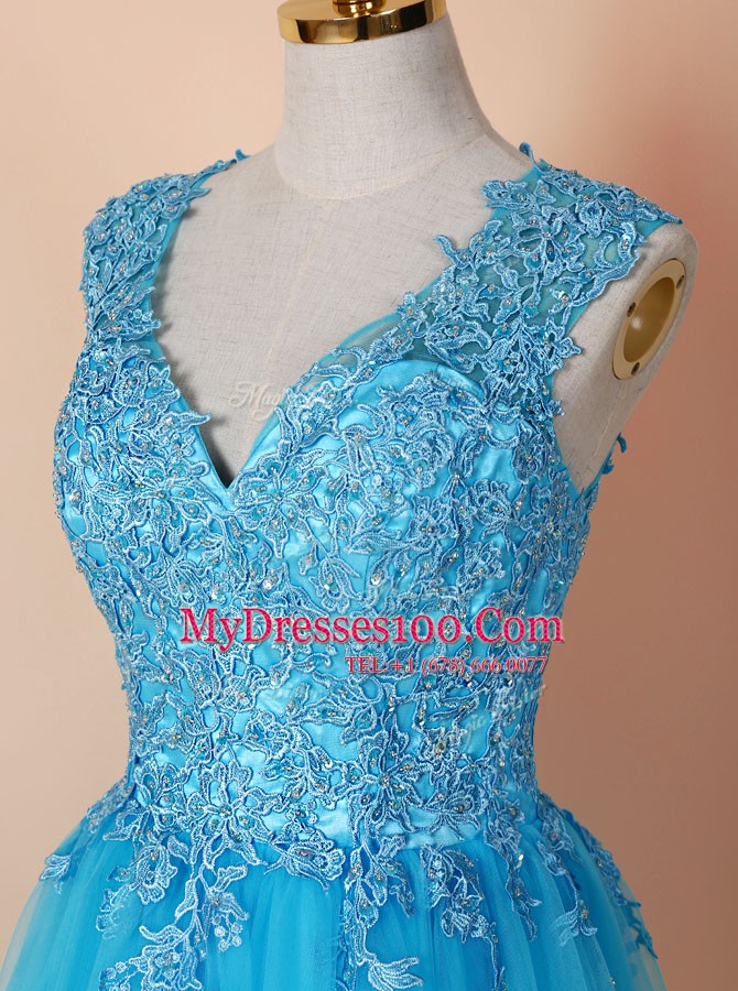 Glamorous A-line Prom Dresses Blue V-neck Tulle Sleeveless Knee Length Zipper