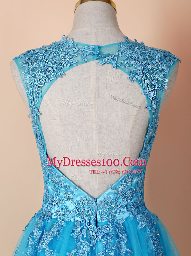 Glamorous A-line Prom Dresses Blue V-neck Tulle Sleeveless Knee Length Zipper