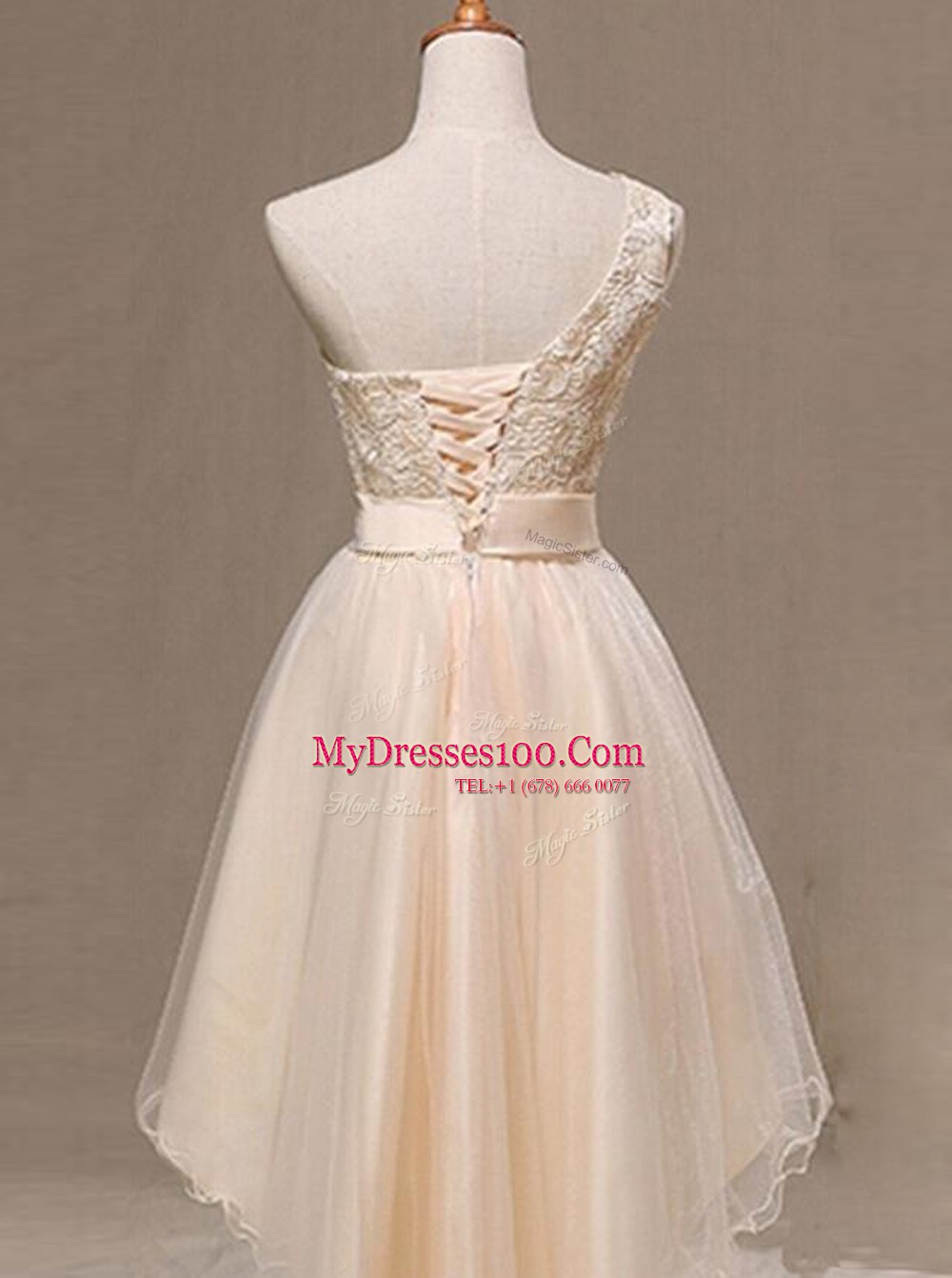 Champagne A-line Organza One Shoulder Sleeveless Lace and Pleated and Hand Made Flower Knee Length Lace Up Prom Dress