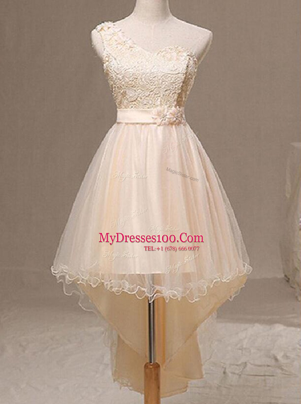 Champagne A-line Organza One Shoulder Sleeveless Lace and Pleated and Hand Made Flower Knee Length Lace Up Prom Dress