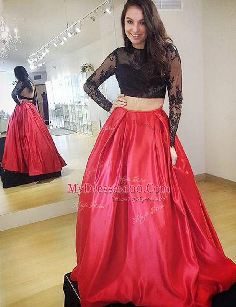 Sophisticated A-line Prom Dresses Red High-neck Satin Long Sleeves Floor Length Backless