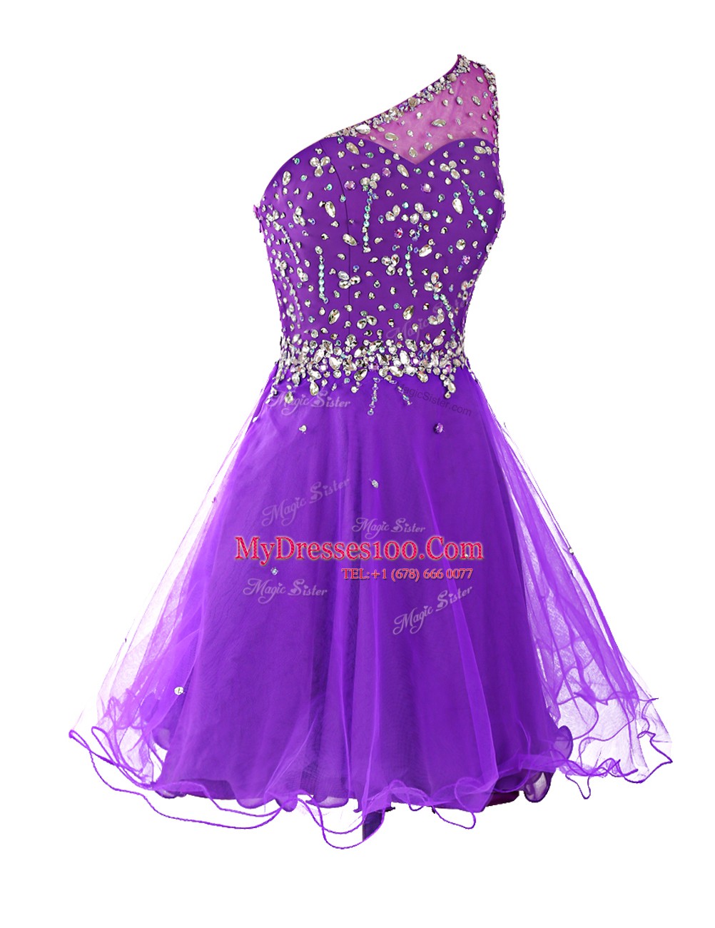 Sophisticated One Shoulder Mini Length A-line Sleeveless Purple Zipper