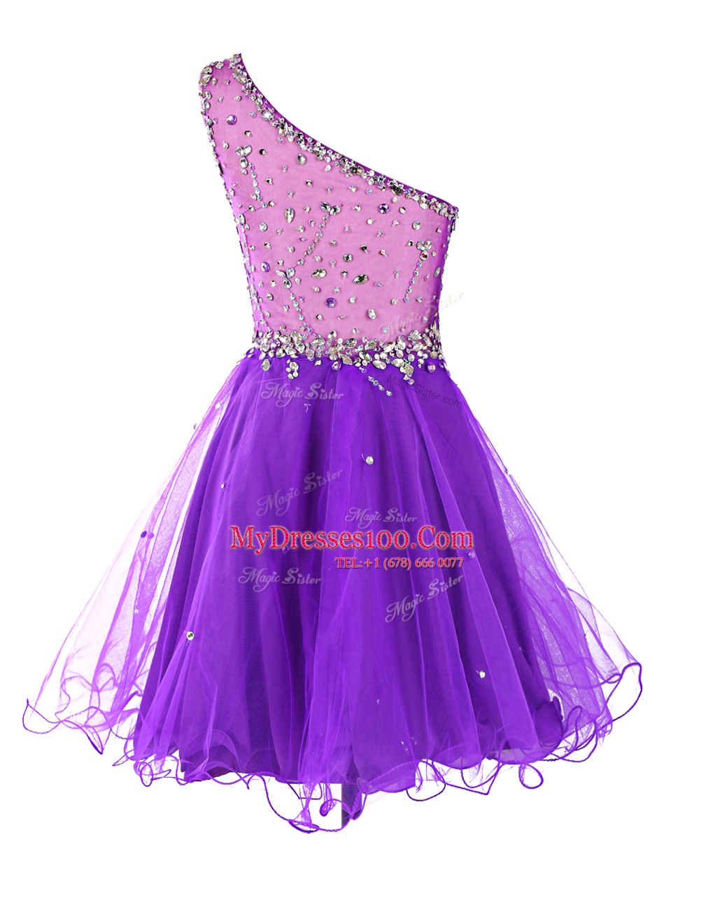 Sophisticated One Shoulder Mini Length A-line Sleeveless Purple Zipper