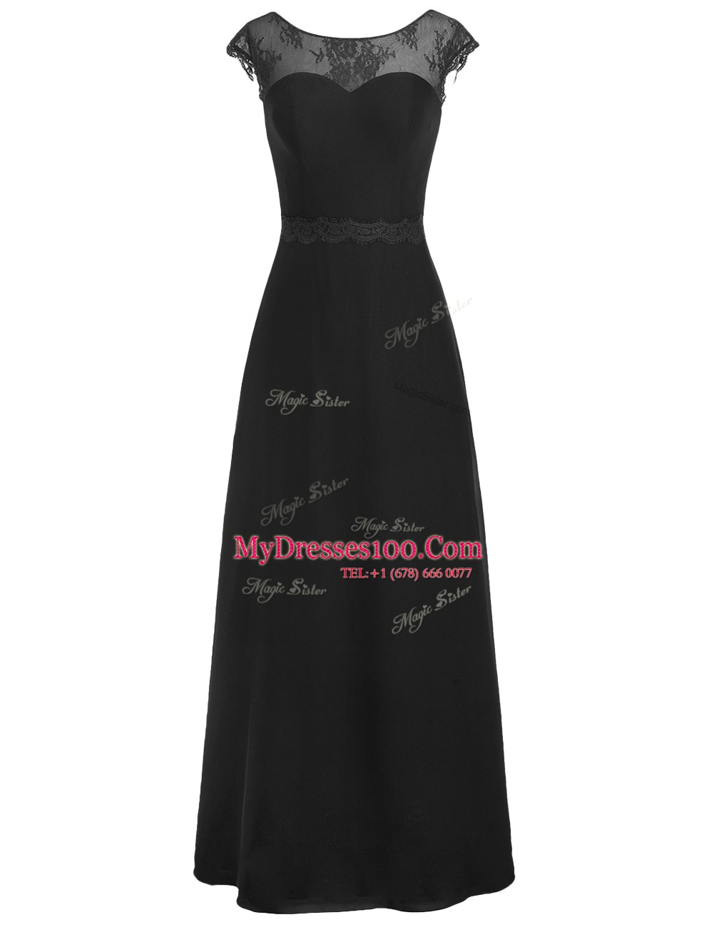 Eye-catching Scoop Black Cap Sleeves Appliques Floor Length Formal Evening Gowns